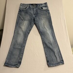 True Luck Men's Jeans Straight Leg Blue Denim 36 X 32 Distressed READ